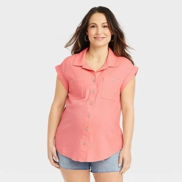 Ingrid & Isabel Tops - Isabel Maternity - Short Sleeve Linen Button-Up Maternity Shirt- XS